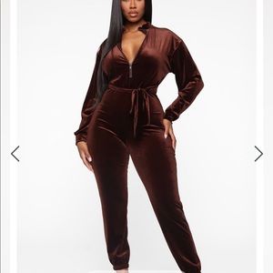 Fashion Nova  Gentle Hint Velvet Jumpsuit - Brown